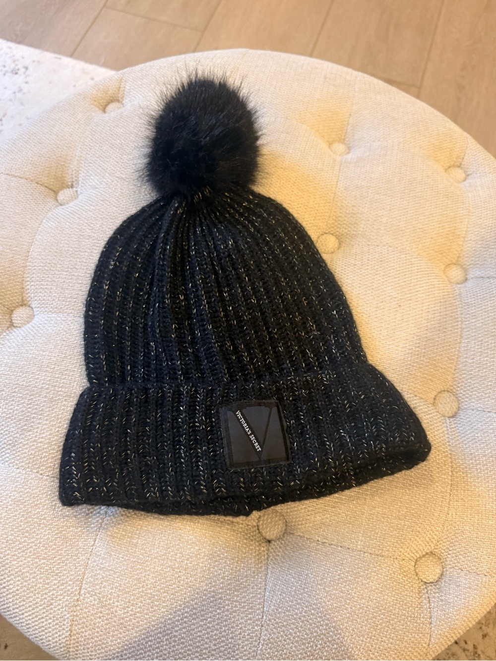 Victoria's Secret Black Ribbed Knit Beanie with Pom